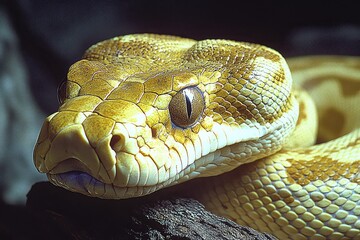 Fototapeta premium Close-up of a vibrant yellow python resting on a branch in a natural habitat, showcasing its intricate scales