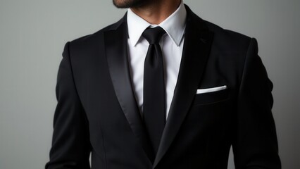 A man wearing a black suit and tie with a white dress shirt and a white pocket square.