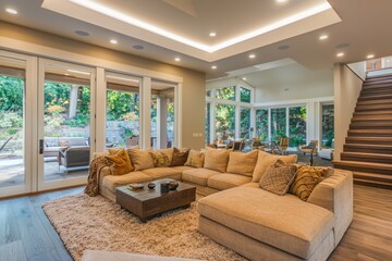 Inviting Living Room Interior with Plush Sectional Sofa Cozy Rug and Natural Light from Large Windows