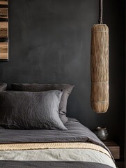 A cozy modern bedroom with soft furnishings and a unique lamp
