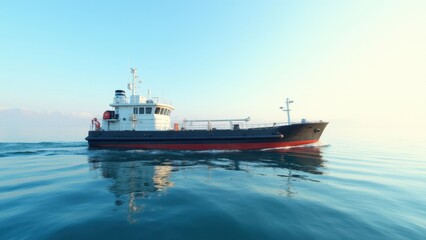 Fototapeta premium A supply boat sails on calm waters under a clear sky.