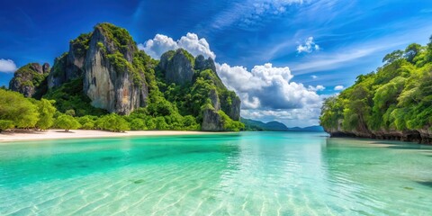 Fototapeta premium Sunny day on a turquoise lagoon with white sandy beach and limestone cliffs in the background, landscape, tropical