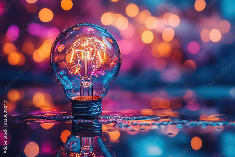 Poster a glowing light bulb reflecting on a wet surface with colorful bokeh lights in the background