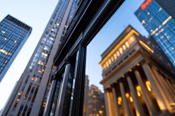 An artistic view of towering glass buildings reflecting a historic edifice, beautifully showcasing the blend of tradition and modernity in contemporary urban design.