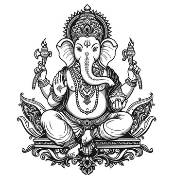 recommend clip art: Intricate Line Art of Lord Ganesha, Hindu Deity, Black and White Illustration, Detailed Ornamentation, Elephant God, Spiritual Art, Religious Symbolism, Indian Mythology