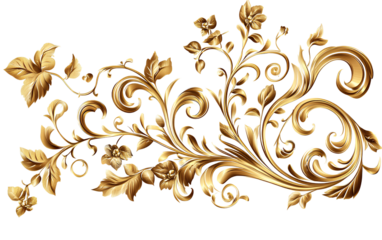 Golden baroque ornament isolated on transparent background, cutout, PNG file