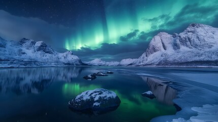 Fototapeta premium Stunning Aurora Borealis Display Over Snowy Mountains and Frozen Sea at Night