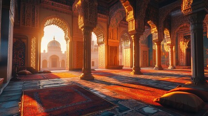 Obraz premium Golden sunrise spills into a majestic mosque, illuminating ornate arches and richly colored carpets, creating a serene and spiritual atmosphere with warm light and blurred background details.