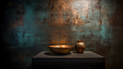 A rustic copper bowl and vase against a textured teal and bronze background.
