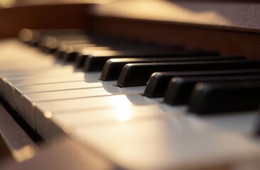 Close-up of sunlit piano keys with shadows and light reflections