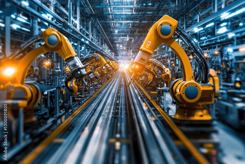 Poster automated factory with robotic arms and modern technology infrastructure in advanced manufacturing a