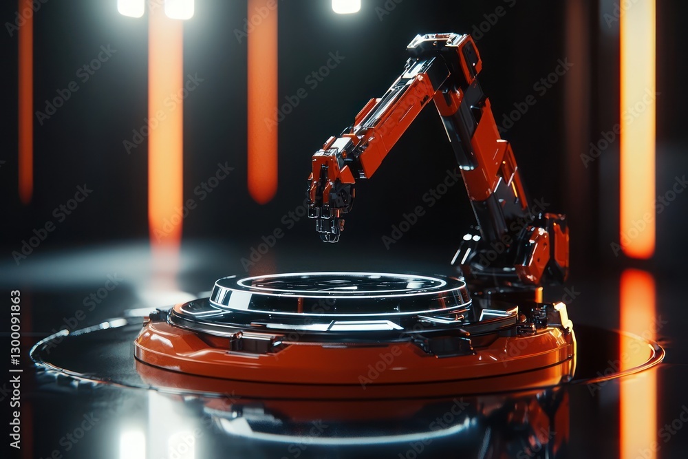 Poster robotic arm showcasing cutting edge technology on a futuristic platform in soft studio lighting