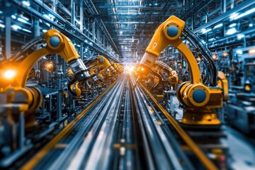 Automated Factory with Robotic Arms and Modern Technology Infrastructure in Advanced Manufacturing Assembly Line