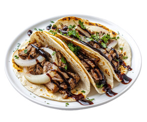 Three savory tacos with pulled pork, onions, and sauce on a white plate