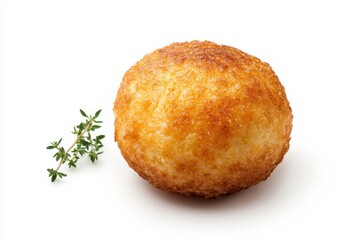 Golden arancino with fresh thyme sprig delectable italian street food on a white background closeup photography
