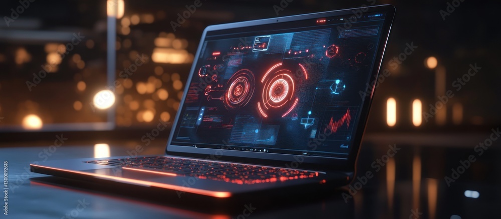 Poster futuristic laptop displaying advanced interface