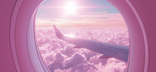 Naklejka premium Stunning Airplane Window View – Fluffy White Clouds, Radiant Sunrise or Sunset, and Airplane Wing Soaring Towards the Horizon, Evoking a Sense of Freedom and Adventure