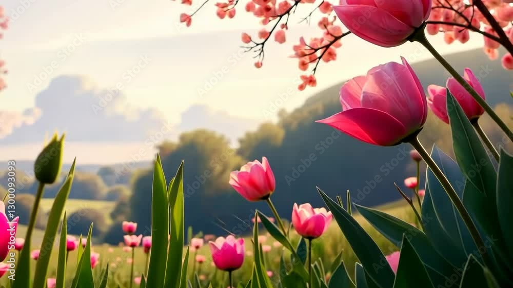 Poster a beautiful field of pink flowers with a pink tulip in the foreground. the flowers are scattered thr