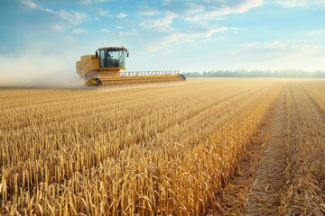 Obraz premium Golden wheat field under a bright sky with harvesting machine rural scenery and farming landscape on the background