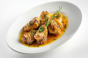 Appetizing Chicken Drumettes Glazed with Sauce Sprinkled with Herb in Oval Plate on White Background