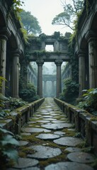 Fototapeta premium Overgrown Ancient Ruins Pathway Stone Walkway Lush Greenery Misty Atmosphere Tranquil Scene