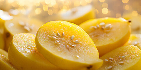 Golden Yellow Pears with Fresh Water Droplets Showcasing Their Natural Sweetness and Juicy Texture in a Stunning Macro Close-Up

