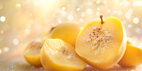 Golden Yellow Pears with Fresh Water Droplets Showcasing Their Natural Sweetness and Juicy Texture in a Stunning Macro Close-Up

