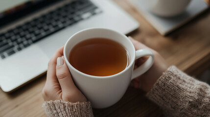 Freelancer taking a break with tea while reviewing work