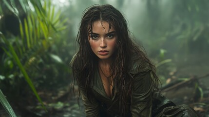 Mysterious woman amidst tropical foliage adventure in the jungle setting