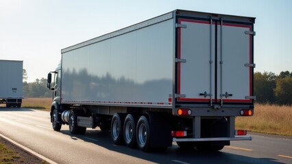 A truck tail gate on a highway with another truck in the distance.