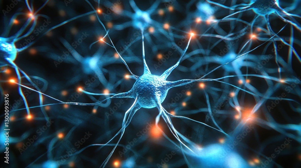 Poster neural network visualization with connected neurons and glowing synapses on a dark background close 