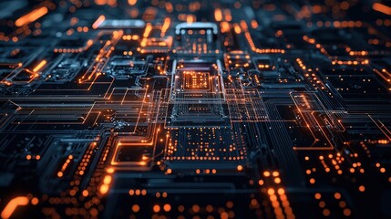 Cybernetic Circuit Board Network with Vibrant Orange Light Points and Dark Electronic Background