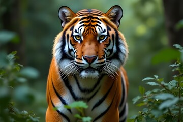 Fototapeta premium Close up of Bengal tiger in jungle. Wild animal background