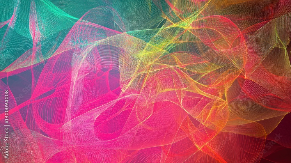 Poster abstract art with dynamic curves glowing with warm and cool hues on a dark tone background perfect f