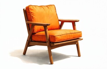 Fototapeta premium Retro mid-century modern chair features slim wooden frame bright orange cushion on white background. Armchair artistic, vintage, comfortable. Seat furniture suits living room lounge decor. Isolated