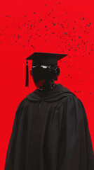 Cyber graduate: surreal robotic figure in cap and gown on bold red background
