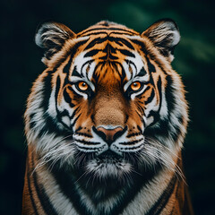 Fototapeta premium A powerful and intense portrait of a tiger staring straight ahead in a jungle setting.