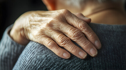 Fototapeta premium A close-up of an elderly hand resting on a shoulder, showing wrinkles and aging.