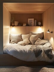 A cozy built in niche nook with a bed