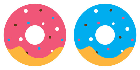 Donut icon. Set of colorful donuts with different colored icing and sprinkles. Vector illustration.