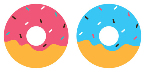 Donut icon. Set of colorful donuts with different colored icing and sprinkles. Vector illustration.