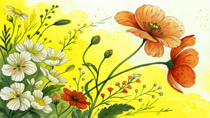 Colourful red and white flowers with green leaves and twigs on a warm yellow background. The composition is filled with fine lines, soft colour transitions and natural shapes,
