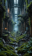 Fototapeta premium Overgrown Industrial Corridor Nature Reclaims Abandoned Factory Building Lush Greenery Moss Plants