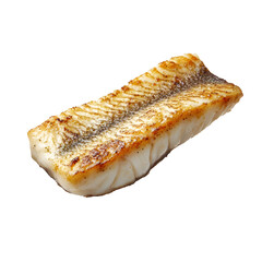 A grilled white fish fillet floating against a white background, showcasing its crispy golden crust.