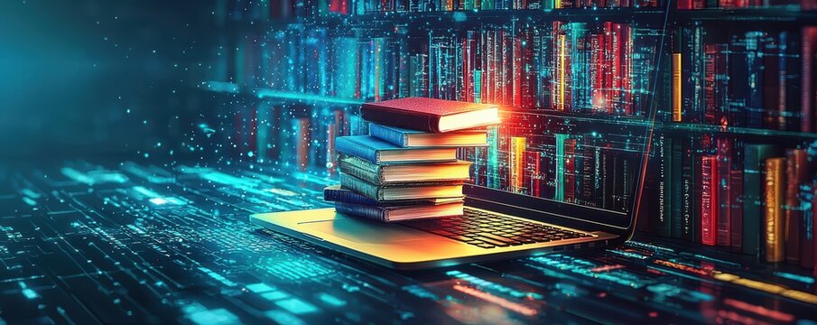 Digital learning concept with a hand holding books through a laptop screen - Powered by Adobe