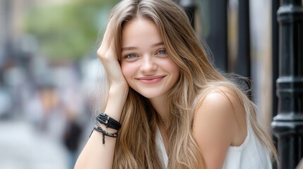 Obraz premium A young woman stands in a lively urban setting, showcasing her long hair and warm smile. She exudes joy, interacting playfully with the environment around her