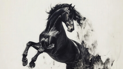 Abstract black ink painting of a horse rearing, merging art and movement in striking contrast

