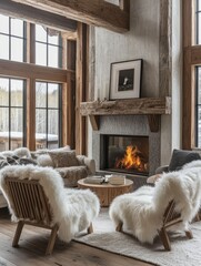 A Rustic Living Room with a Fireplace and Furniture