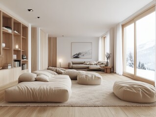 Contemporary living room design features cozy furnishings and a clean appearance