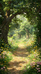 Obraz premium Sunlit Path Through a Lush Forest with Colorful Flowers